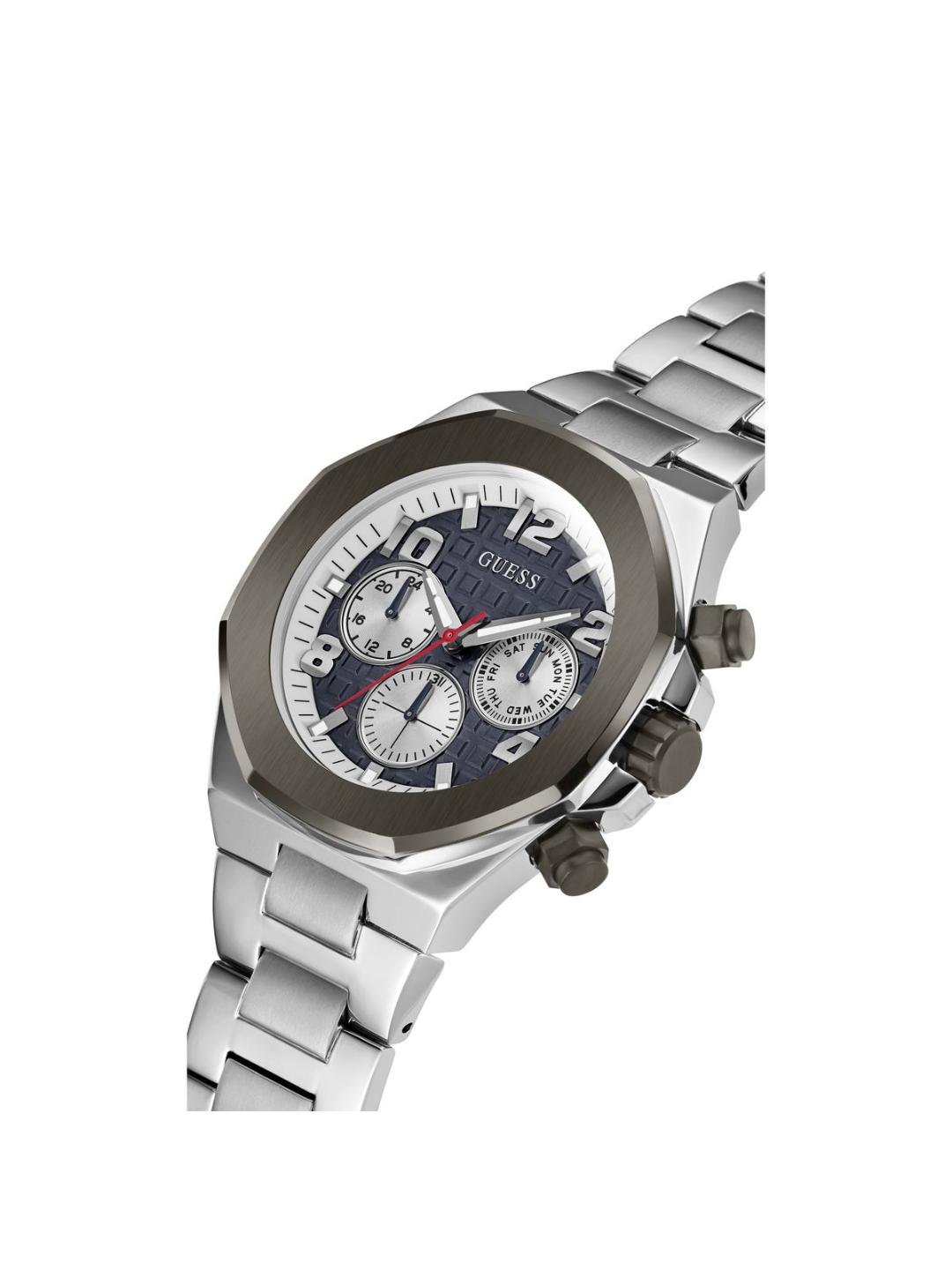 Silver watch with a detailed face on a white background