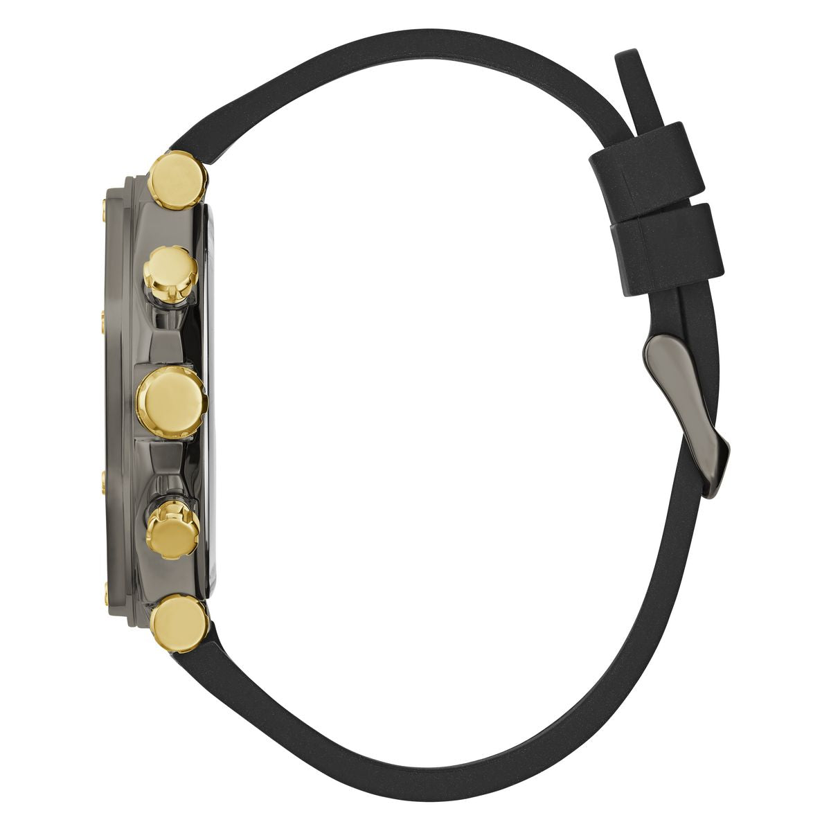 A side profile view of a watch with a black strap, a dark gray case, and prominent gold-tone buttons and lugs, shown against a plain white background.