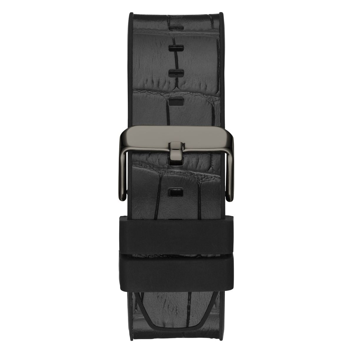 A black textured leather watch strap with a matte dark gray metal buckle, shown vertically against a plain white background.