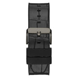 A black textured leather watch strap with a matte dark gray metal buckle, shown vertically against a plain white background.