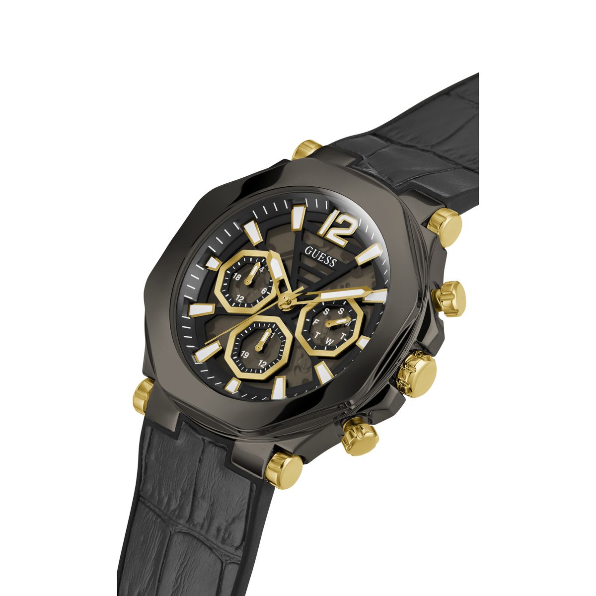 A Guess men's chronograph watch featuring a black octagonal case, a black dial with gold-tone accents and subdials, and a black textured strap, shown on a plain white background.