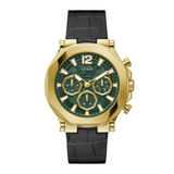 Gold watch with green face and black strap on a white background