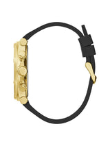Gold watch with black strap on a white background