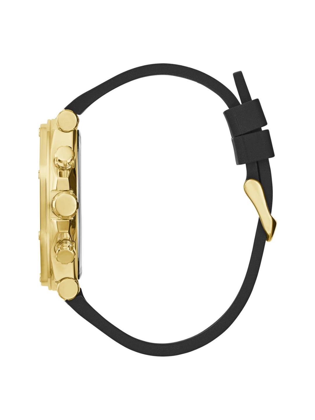 Gold watch with black strap on a white background