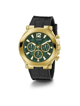 Gold and black watch with green face on a white background