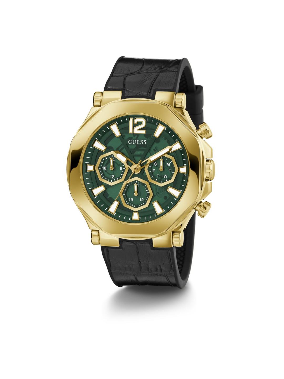 Gold and black watch with green face on a white background