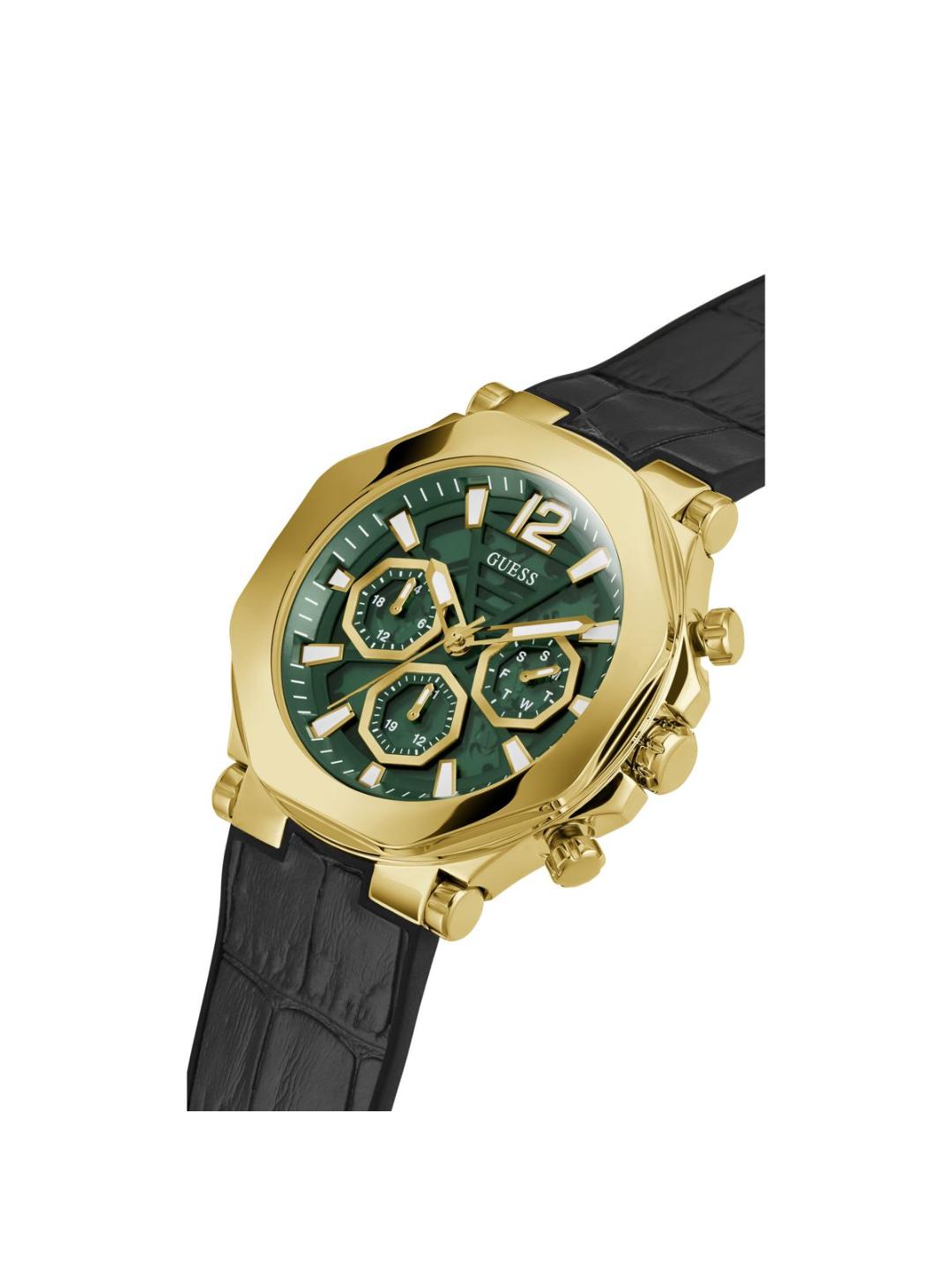 Watch with gold case, green dial, and black strap on a white background