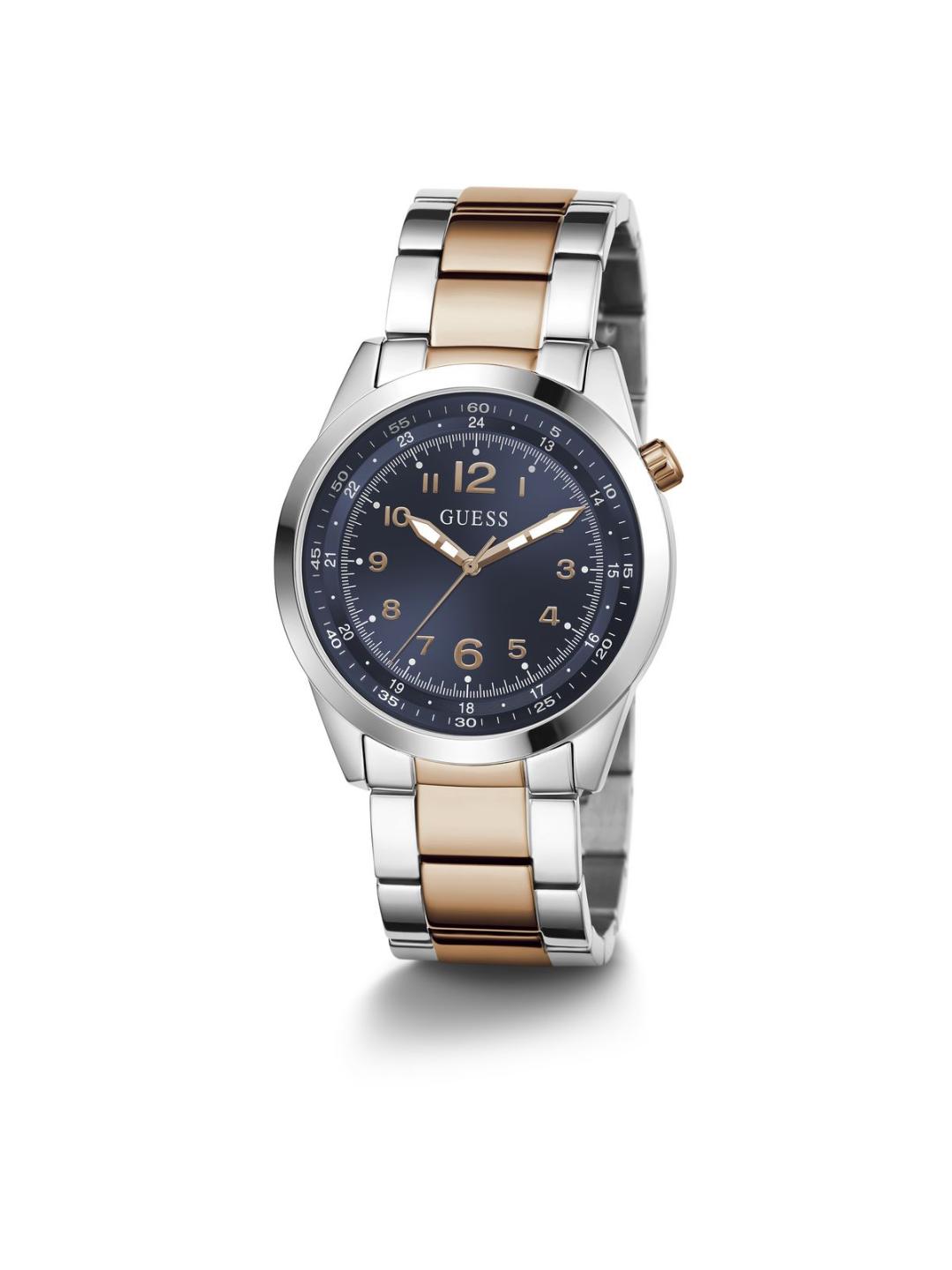 Two-tone watch with silver and rose gold band on a white background
