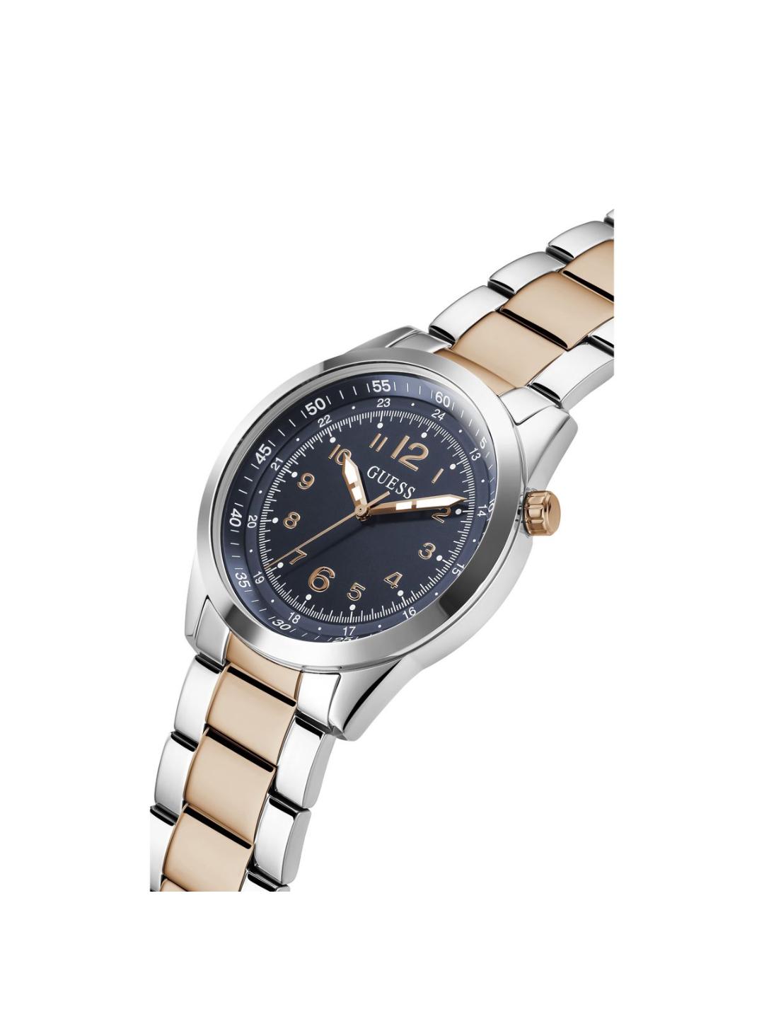 Two-tone watch with silver and beige strap on a white background