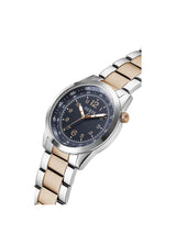 Two-tone watch with silver and beige strap on a white background