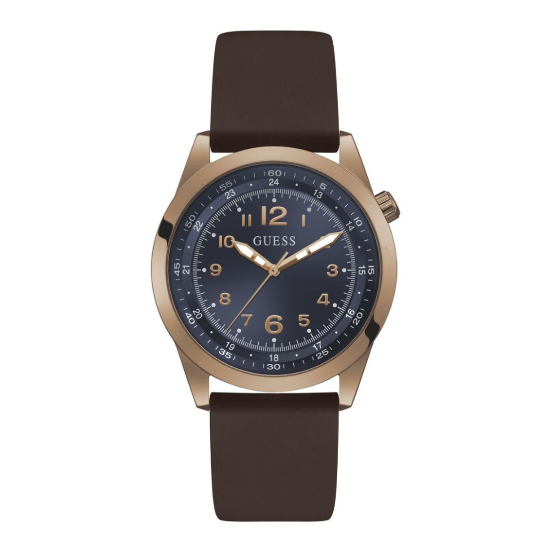 Guess watch with brown strap and blue dial on a white background