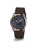 Watch with brown strap and blue dial on a white background