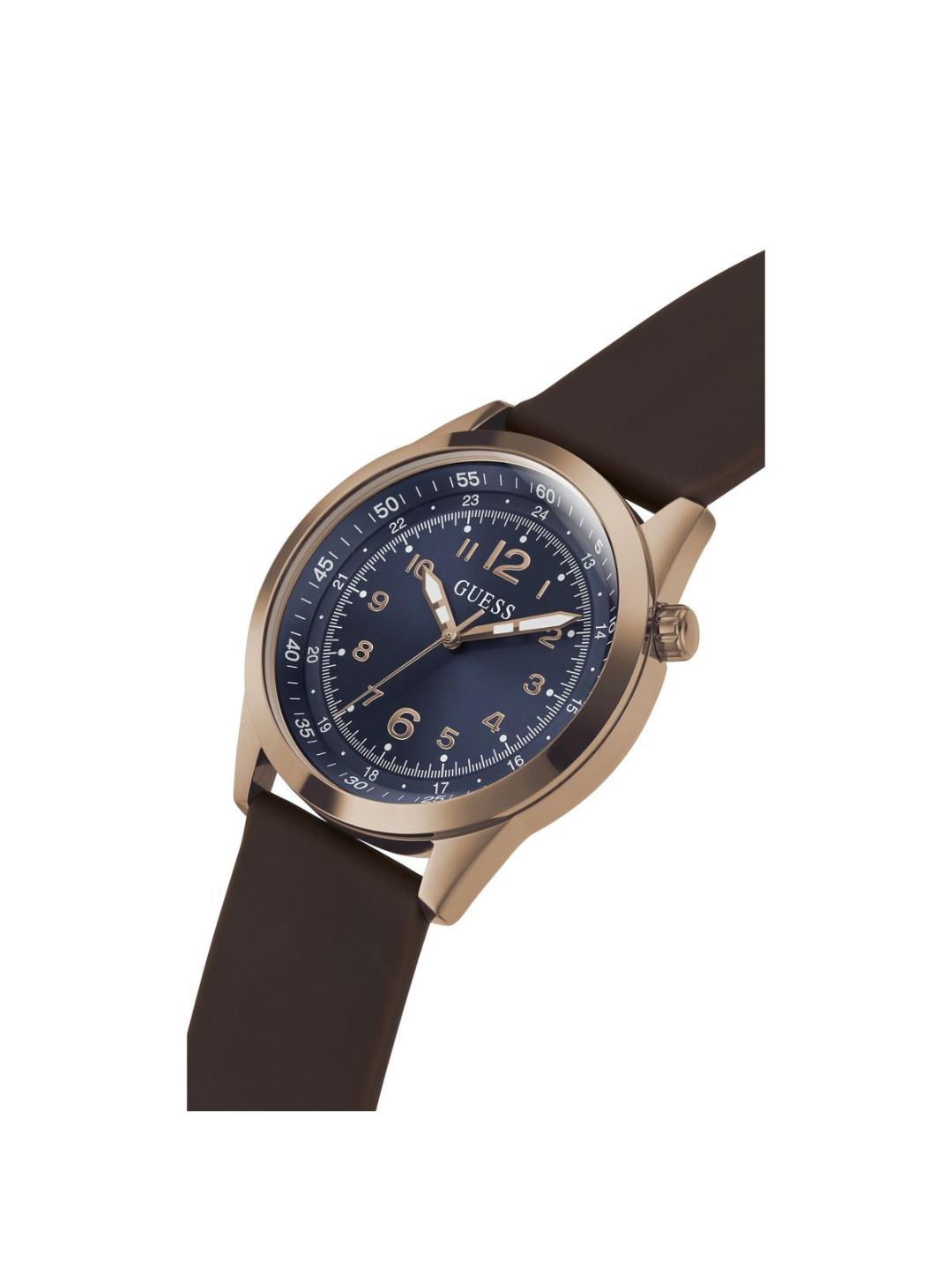 Watch with brown strap and blue dial on a white background