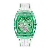 Green transparent watch with white strap on a white background
