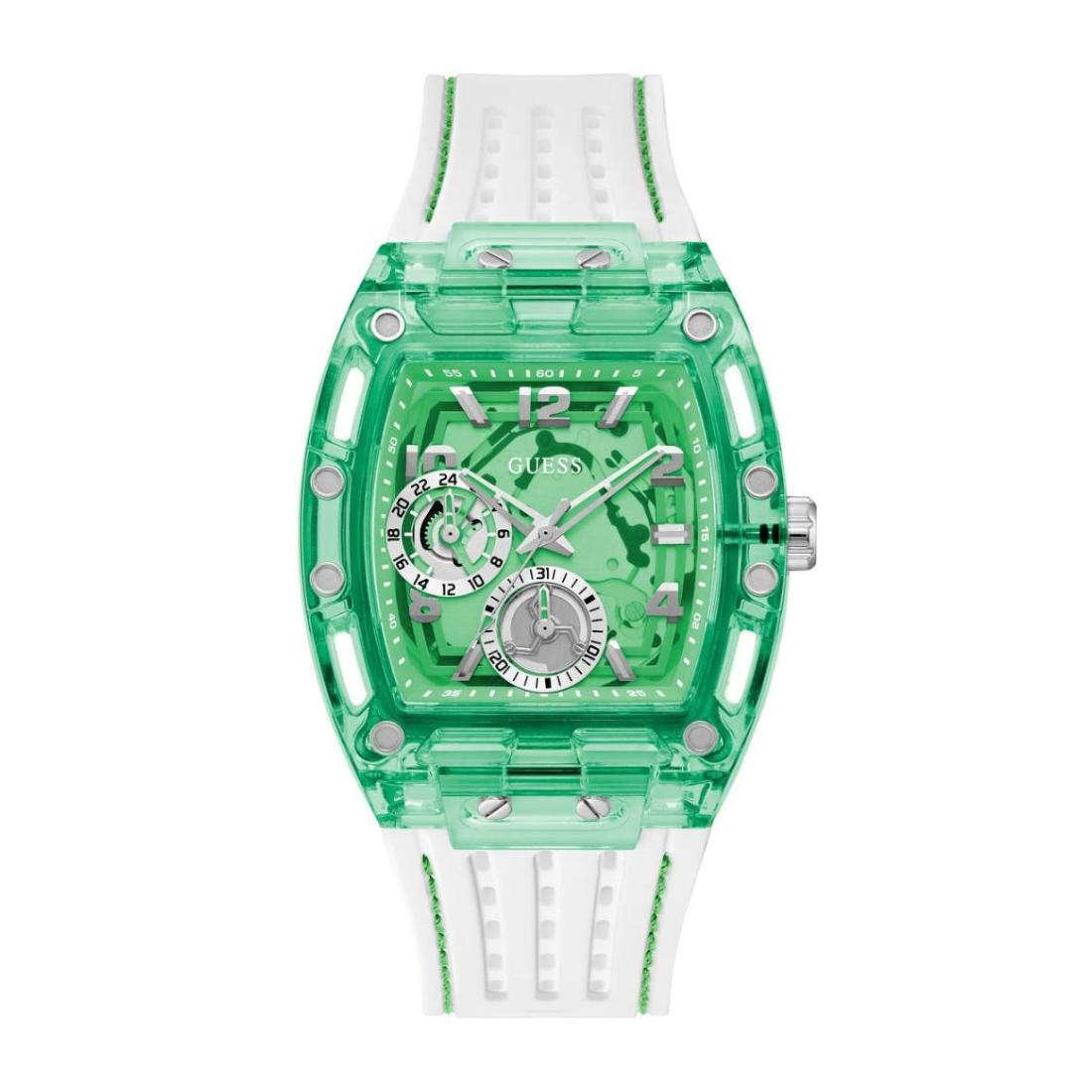Green transparent watch with white strap on a white background