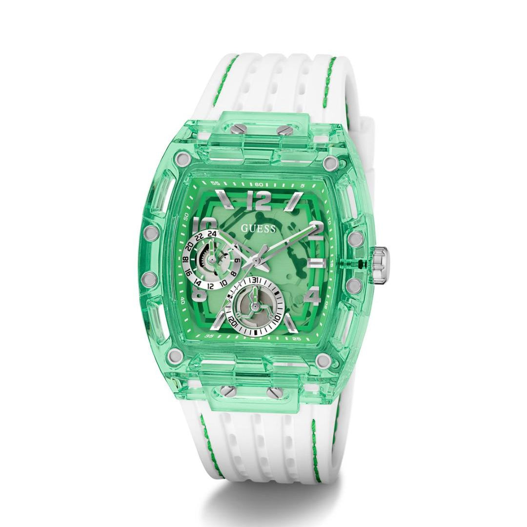Green and white watch with a clear face on a white background