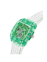 Green transparent watch with white strap on a white background