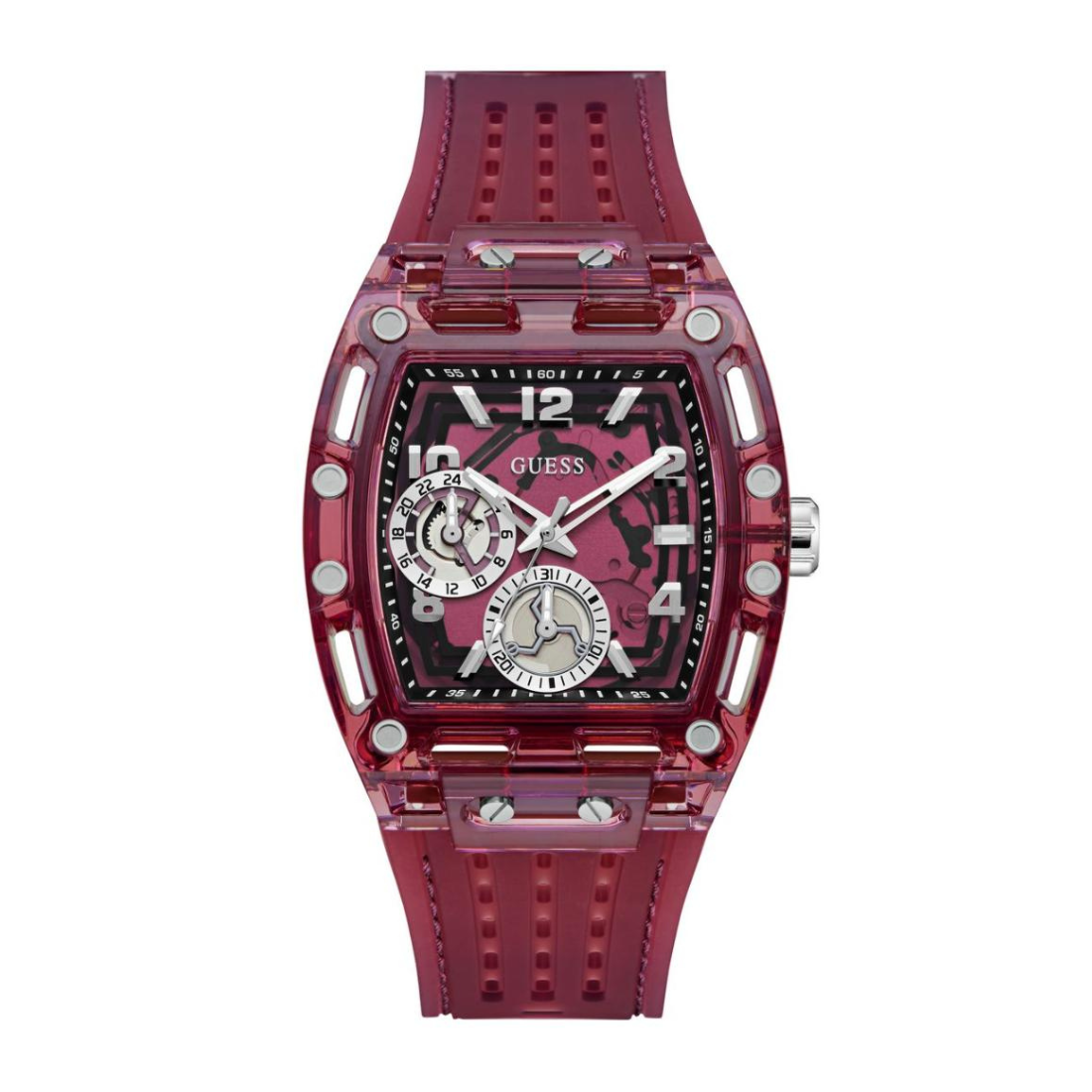 Red transparent watch with visible brand logo on a white background