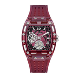 Red transparent watch with visible brand logo on a white background