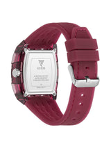 Watch with a red strap and silver case on a white background