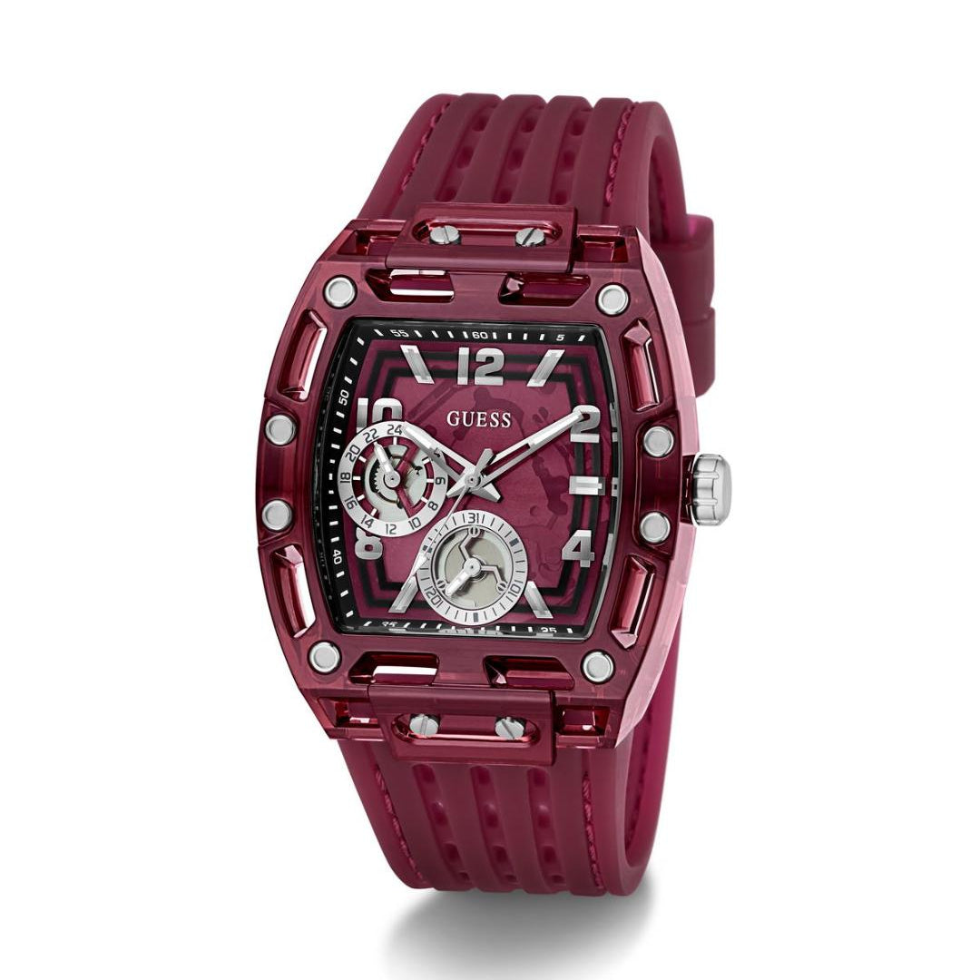 Red watch with a detailed face on a white background