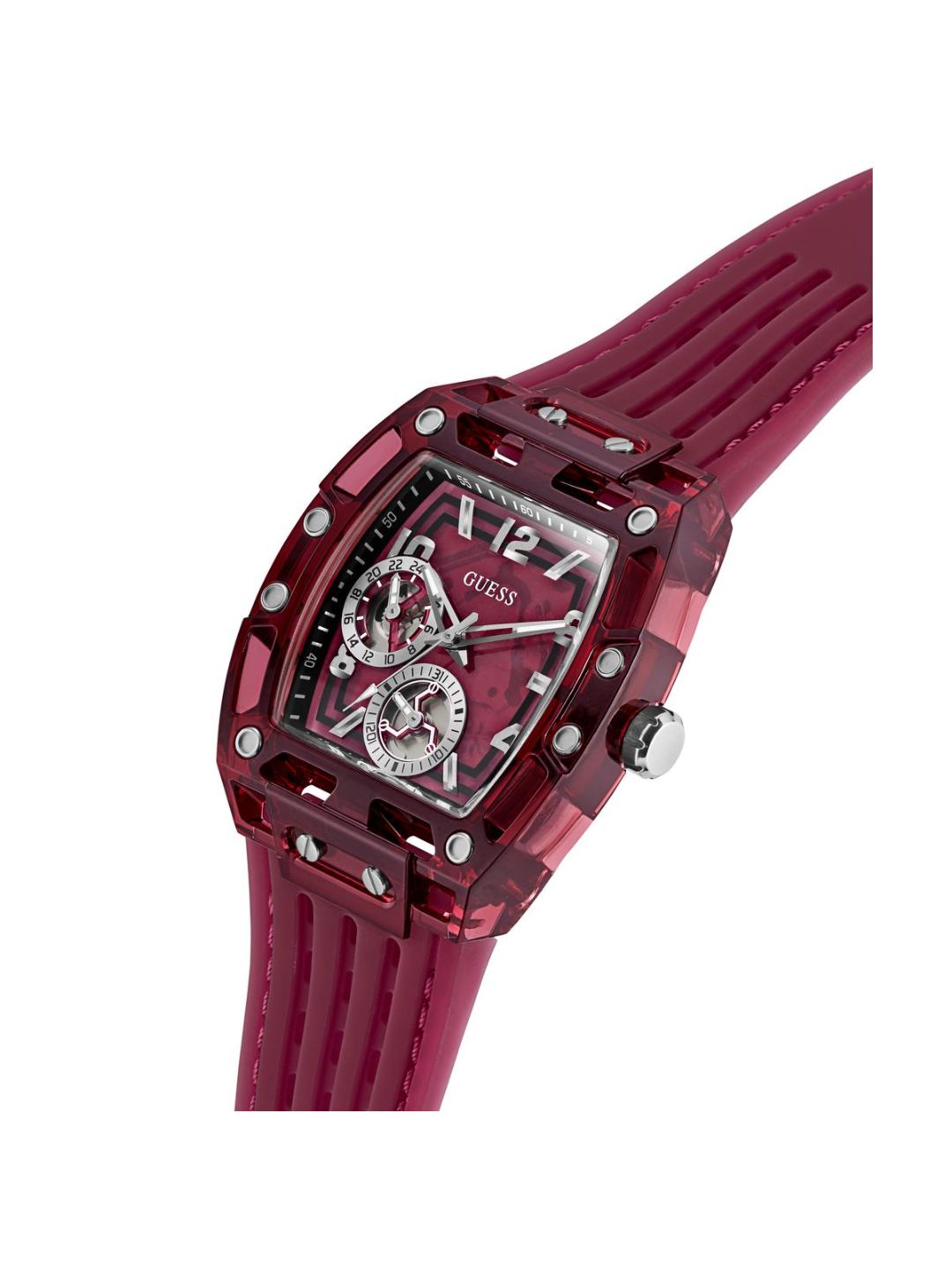 Red Guess watch with a detailed face on a white background