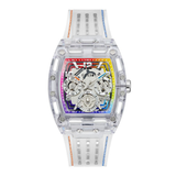 A GUESS wristwatch with a transparent clear resin case and a white silicone strap with orange and blue stitching. The dial features a vibrant, multicolor rainbow gradient background with silver-tone subdials.