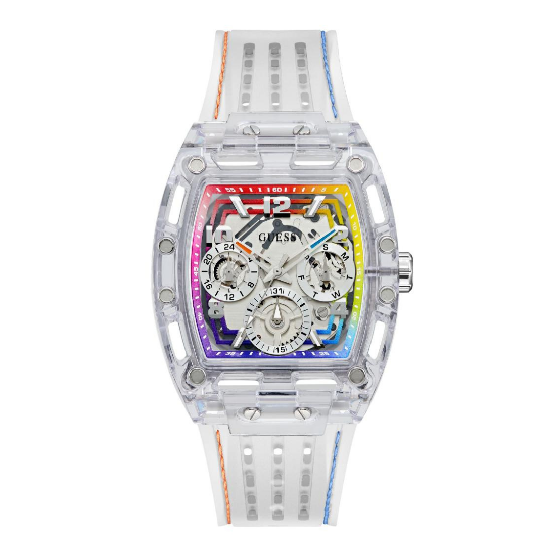 A GUESS wristwatch with a transparent clear resin case and a white silicone strap with orange and blue stitching. The dial features a vibrant, multicolor rainbow gradient background with silver-tone subdials.