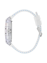 A minimalist analog watch with a clear transparent case, a white silicone strap featuring light blue geometric patterns, and a silver buckle, shown from a side profile on a white background.