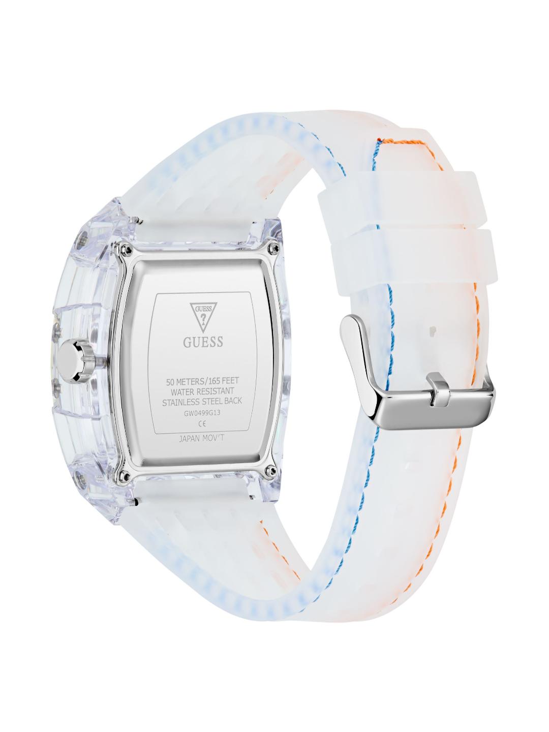 A GUESS women's watch featuring a clear resin case and a translucent white silicone strap with light blue and orange stitching, shown from the back on a white background.