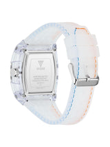 A GUESS women's watch featuring a clear resin case and a translucent white silicone strap with light blue and orange stitching, shown from the back on a white background.