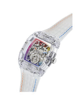 A clear transparent watch with a white strap featuring orange and blue stitching, showcasing a detailed mechanical movement inside.