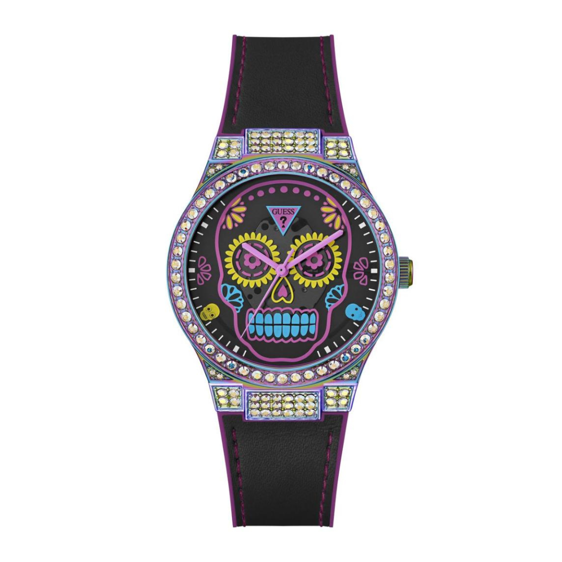 Wristwatch with colorful skull design and black strap on a white background