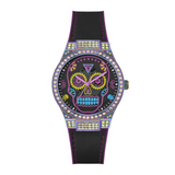 Wristwatch with colorful skull design and black strap on a white background