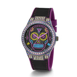 Watch with colorful skull design and black strap on a white background