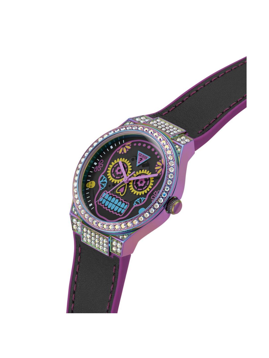 Watch with skull design and purple strap on white background