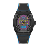 Watch with a colorful skull design on the face, black strap, and blue accents on a white background.