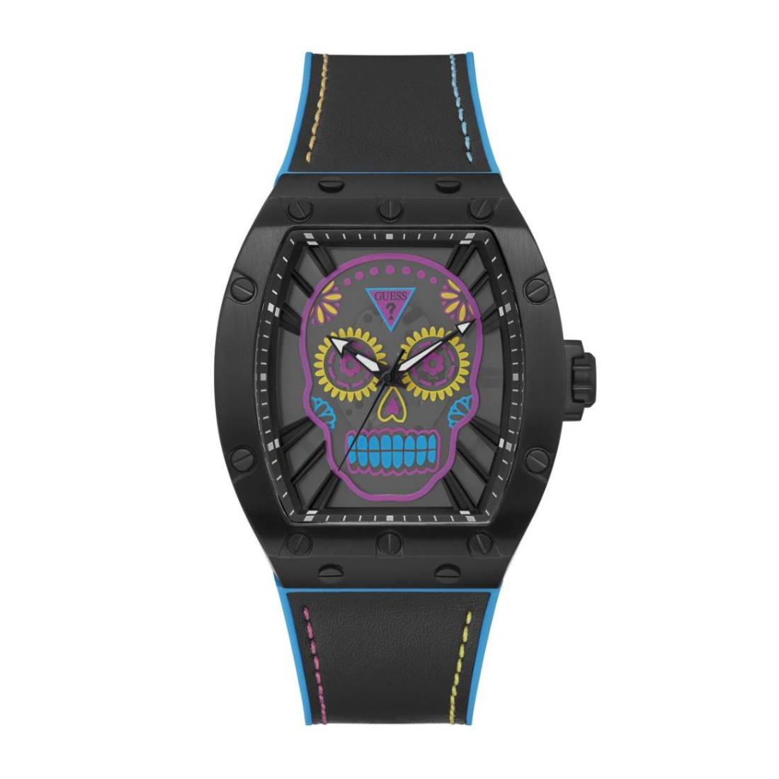 Watch with a colorful skull design on the face, black strap, and blue accents on a white background.