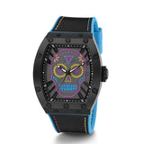 Watch with a colorful skull design on the face, black case, and blue strap on a white background