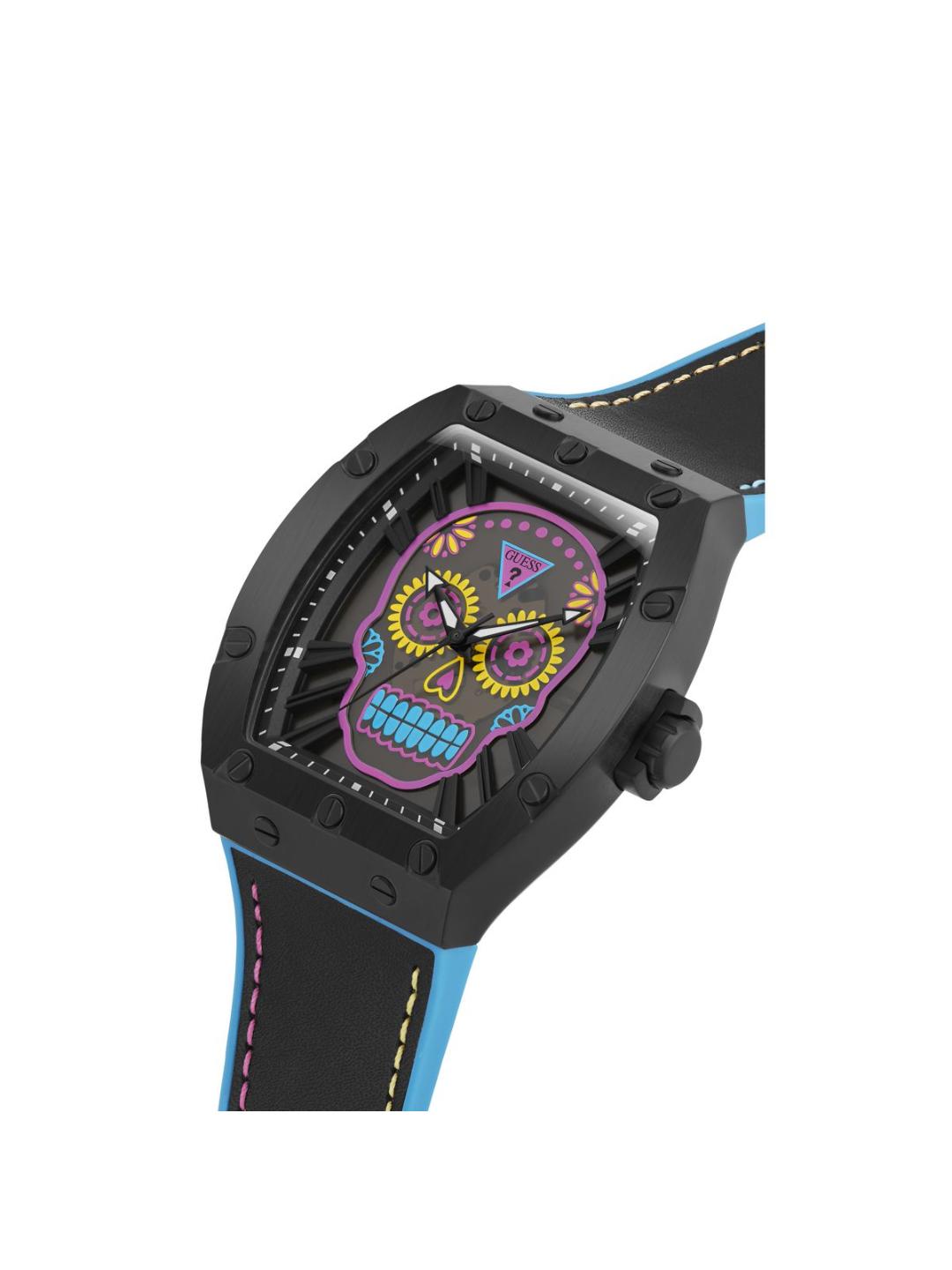 Watch with a colorful skull design on the face, black case, and blue accents on a white background.