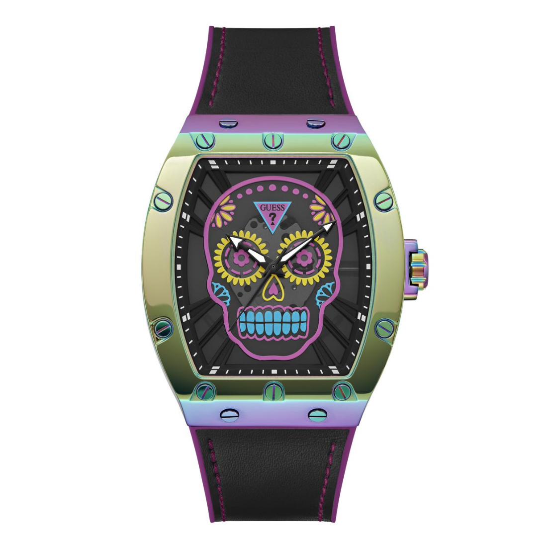 Colorful skull-themed watch with a black strap on a white background
