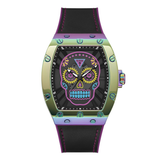 Colorful skull-themed watch with a black strap on a white background