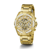 Gold watch with diamond-studded bezel on a white background