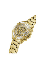 Gold wristwatch with a detailed face on a white background