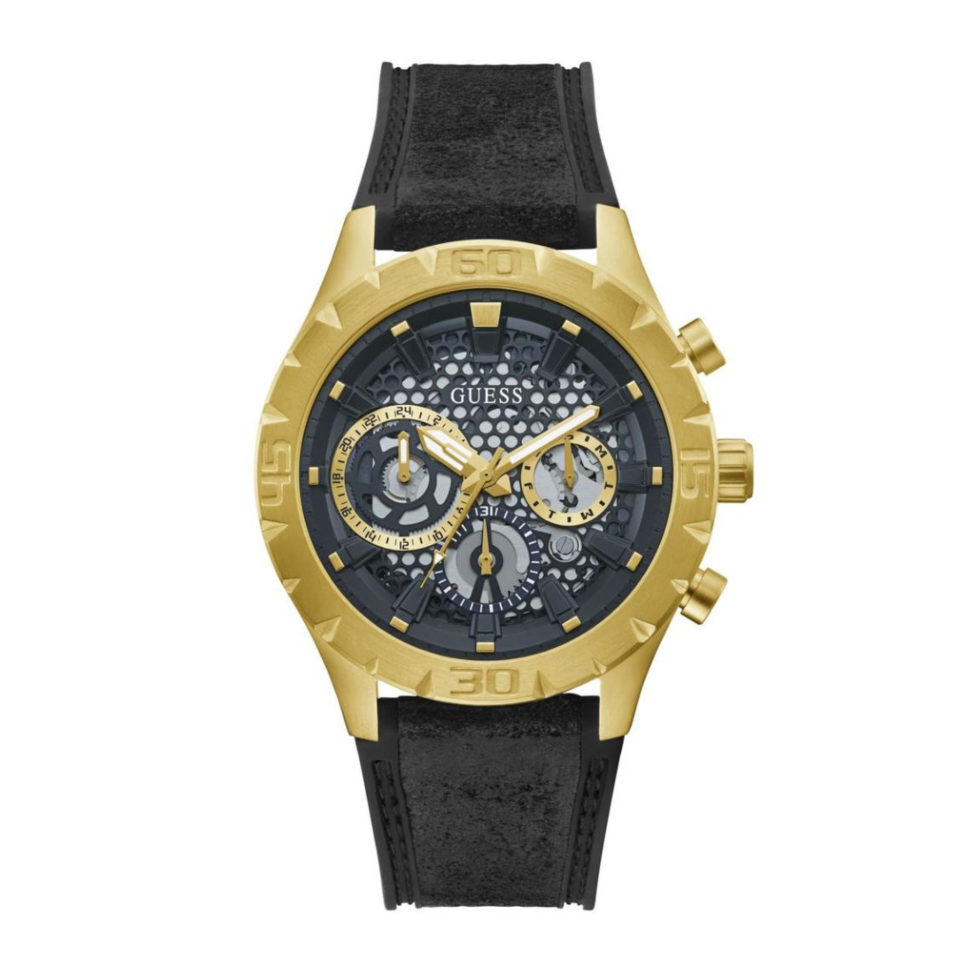 Gold and black watch with visible brand logo on a white background