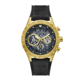 Gold and black watch with visible brand logo on a white background