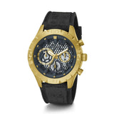 Black and gold watch with visible brand logo on a white background