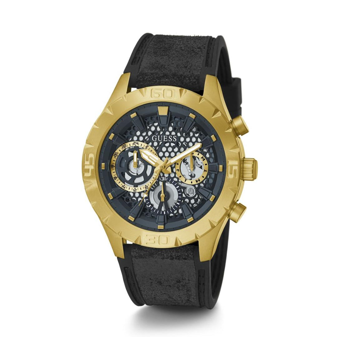 Black and gold watch with visible brand logo on a white background