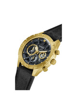 Gold and black watch with detailed face on a white background