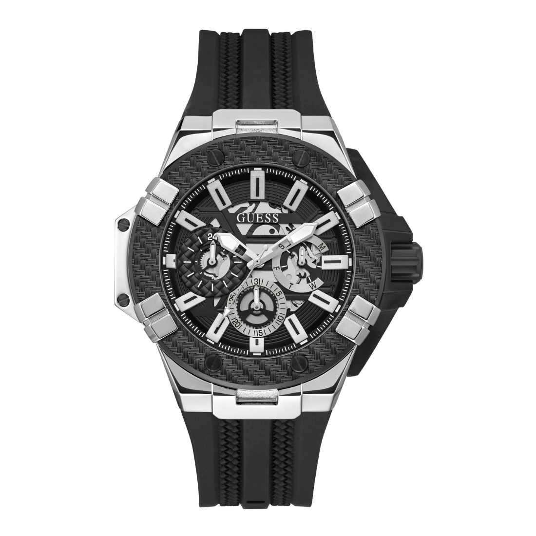 A GUESS men's chronograph watch featuring a black carbon fiber bezel, a black dial with silver-tone subdials and markers, and a black textured silicone strap, shown against a plain white background.